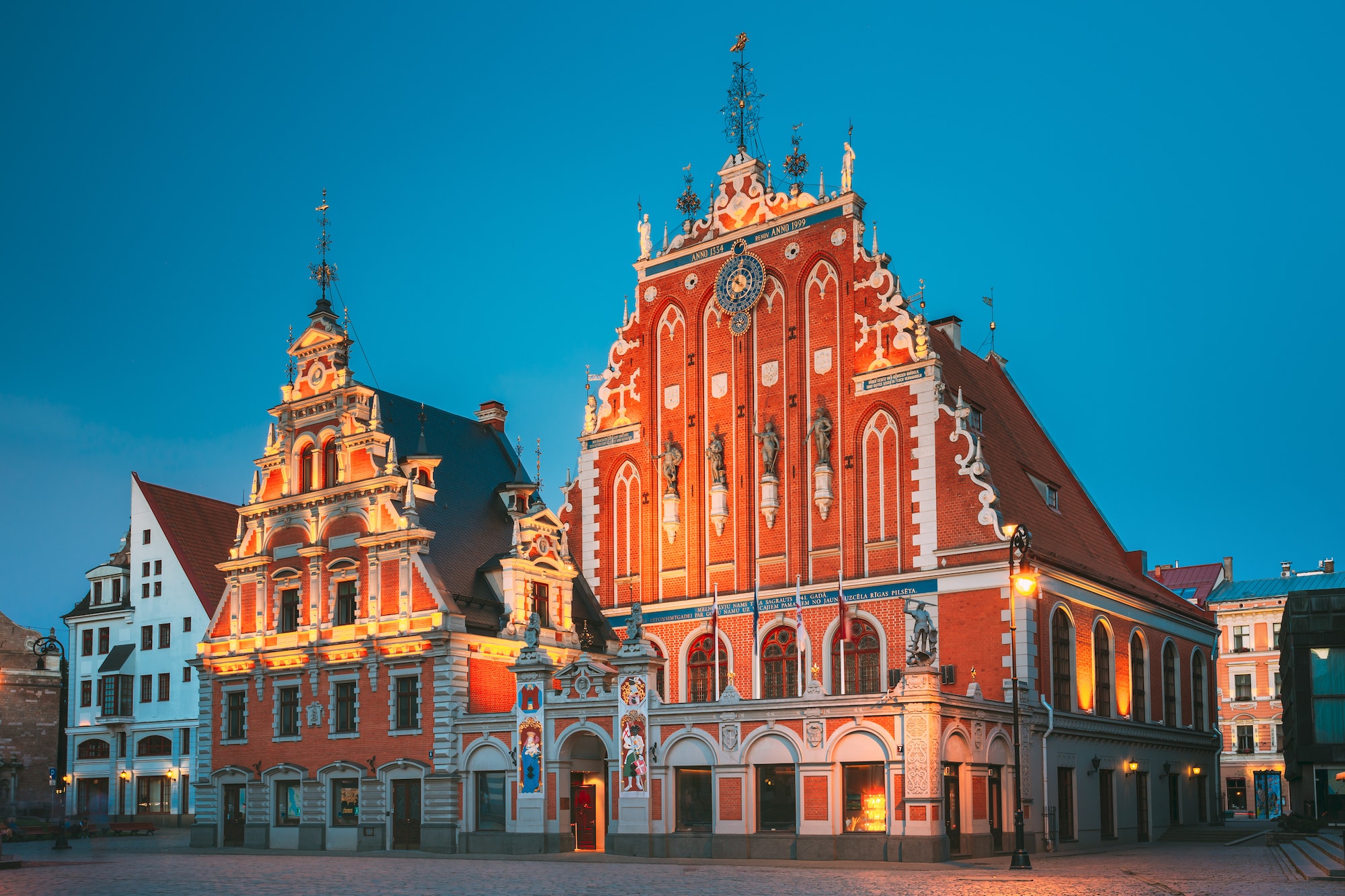 Riga, Latvia. Schwabe House And House Of The Blackheads At Town Hall Square, Ancient Historical
